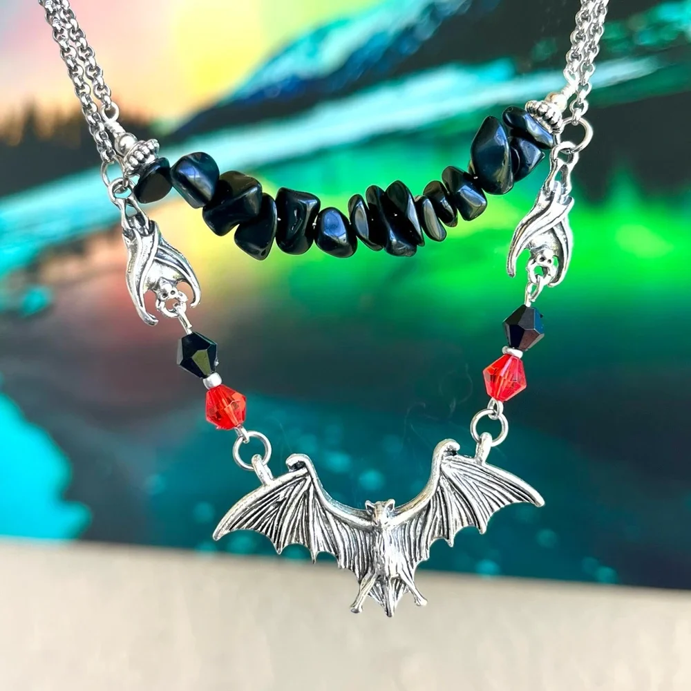 Silver Bat choker necklace . Double layer onyx chips & bats Handmade goth boho_2